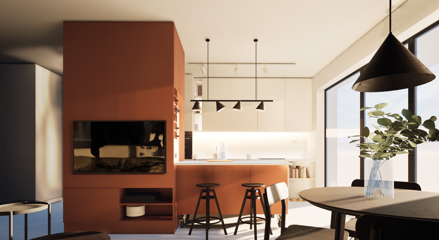 Projekt wnętrza mieszkania w Poznaniu. Pokój dzienny z aneksem kuchennym