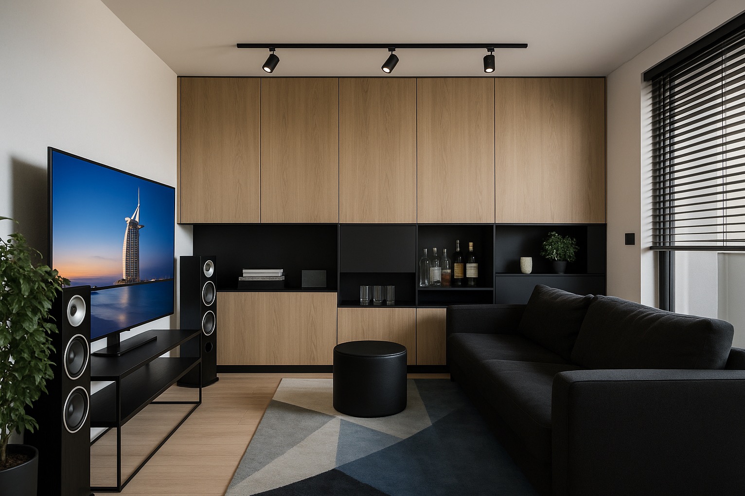 Nowoczesny salon z drewnianą zabudową, czarną sofą i telewizorem wyświetlającym Burj Al Arab w Dubaju; minimalistyczny wystrój z oświetleniem punktowym i geometrycznym dywanem.