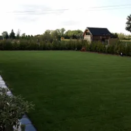 Perfekcyjnie utrzymany trawnik z równo przystrzyżoną trawą, obrzeża z białych kamieni i roślin, nowoczesny dom w tle, domek narzędziowy w głębi ogrodu.