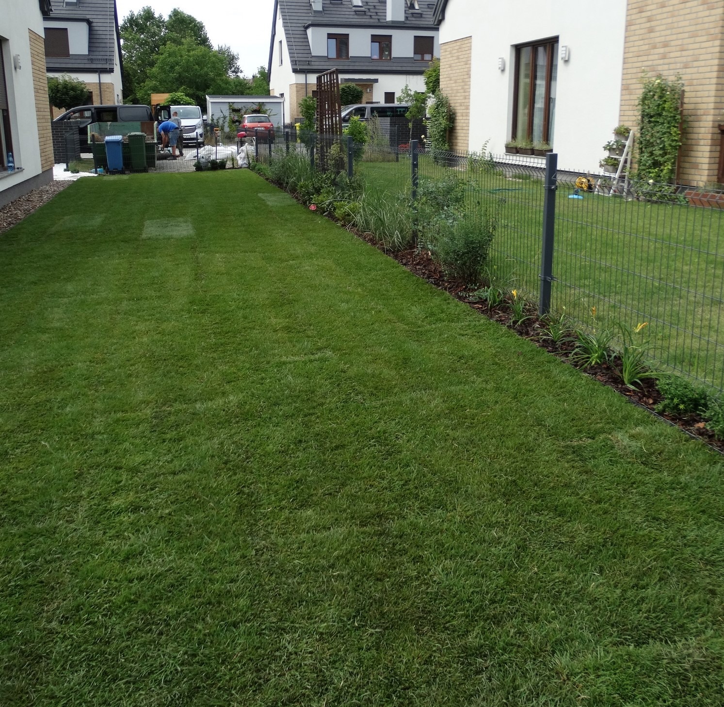 Świeżo założony trawnik z rolki, widoczna granica z korą i nasadzeniami przy ogrodzeniu panelowym, w tle ekipa montująca system nawadniania i samochód dostawczy.