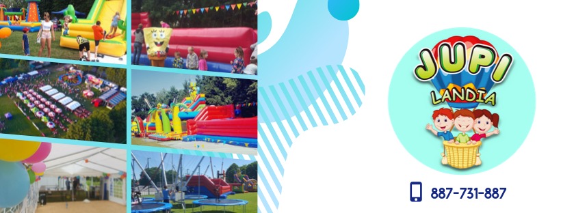 Kompozycja z kolażu zdjęć z imprez plenerowych: dmuchane zamki, trampoliny, namiot imprezowy, logo firmy Jupi Landia i numer telefonu.