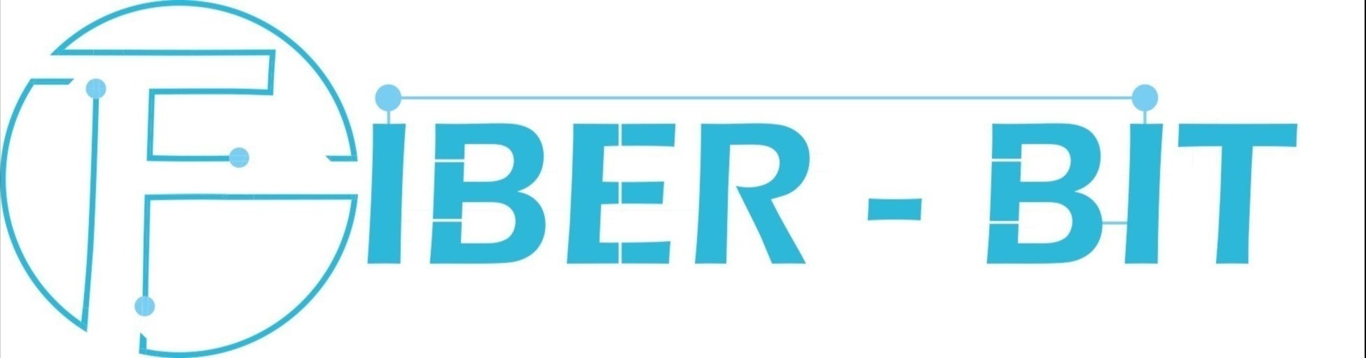 Niebieskie logo firmy Fiber-Bit z geometrycznym symbolem F w okręgu i linią łączącą kropki nad napisem.
