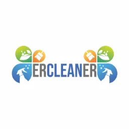 Logo firmy ERCLEANER z ikonami: liść z kroplami, miotła i butelka ze spryskiwaczem.