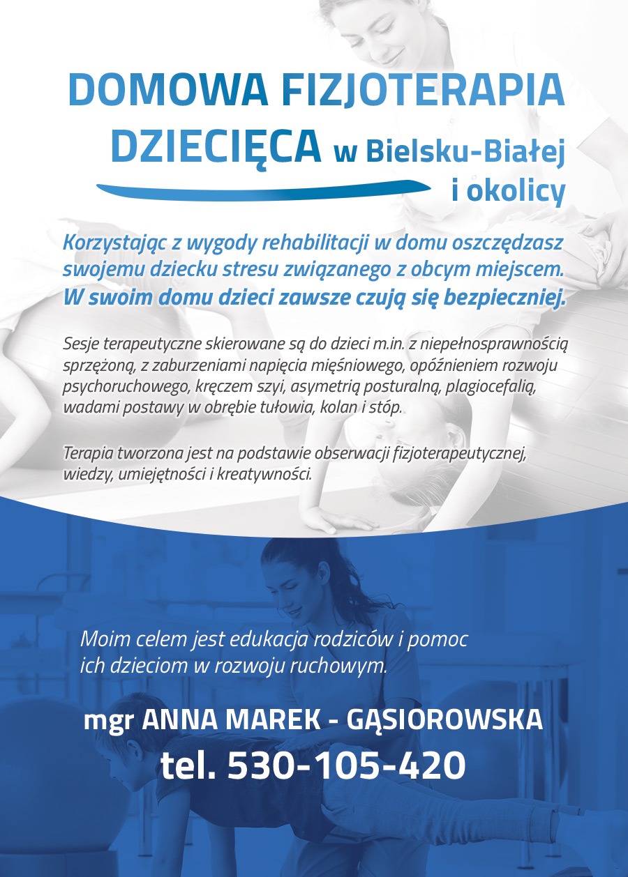 Uśmiechnięta kobieta wspiera dziecko podczas ćwiczeń na piłce rehabilitacyjnej, tekst informujący o domowej fizjoterapii dziecięcej w Bielsku-Białej i okolicy.