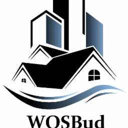 Logo firmy budowlanej WOSBud Siuzanna Barchuk z graficznym symbolem domu i wieżowców w kolorach czerni i odcieniach niebieskiego.