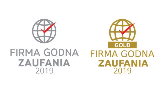 Dwa znaki graficzne 'Firma Godna Zaufania 2019', jeden w kolorze szarym, drugi w złotym, oba z symbolem globu z czerwoną fajką.