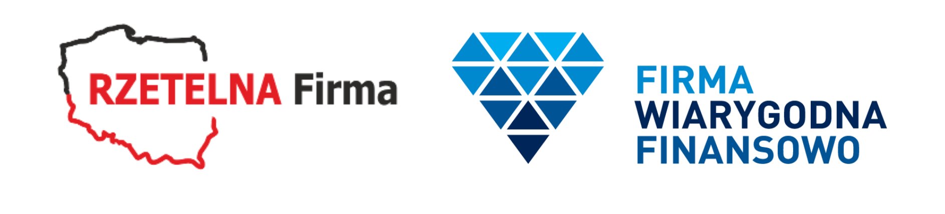 Dwa logotypy: 'Rzetelna Firma' z obrysem mapy Polski oraz niebieski logotyp 'Firma Wiarygodna Finansowo' w kształcie diamentu.