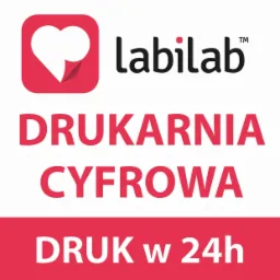Logo drukarni cyfrowej Labilab z informacją o druku w 24h, na białym tle.