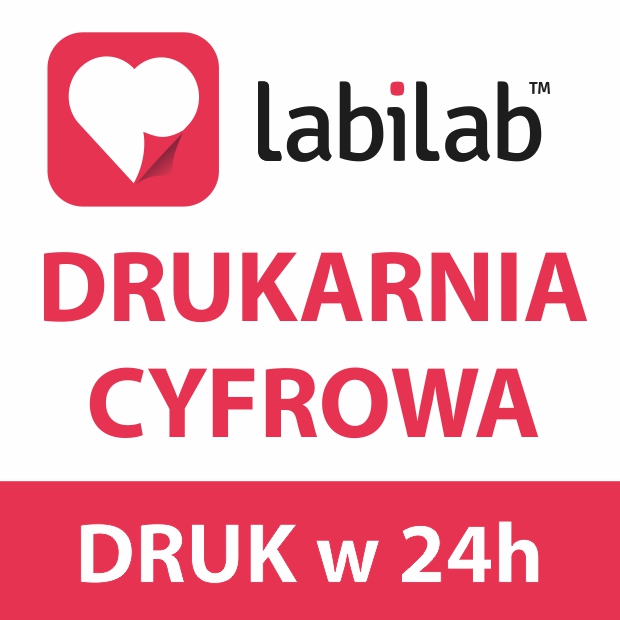 Logo drukarni cyfrowej Labilab z informacją o druku w 24h, na białym tle.