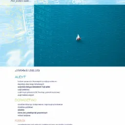 Grafika koncepcyjna przedstawiająca żaglówkę na spokojnym morzu, symbolizującą stabilność finansową, na tle abstrakcyjnych danych finansowych i zakresu usług audytorskich, doradczych i księgowych.