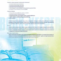 Strona firmowej broszury informacyjnej z tekstem o doradztwie w zakresie rachunkowości, podatków, szkoleń i biznes planów, z logo Kancelarii Biegłych Rewidentów i nazwą Book-Keeper.