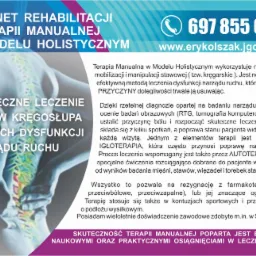 Ogłoszenie gabinetu rehabilitacji i terapii manualnej oferującego skuteczne leczenie bólów kręgosłupa i dysfunkcji narządu ruchu, z podanym numerem telefonu i adresem strony internetowej.