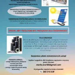 Ilustracja koncepcji ogrzewania domu: przekrój budynku z instalacją, panel słoneczny z wtyczką, folie grzewcze, logo firm Auer, Felix i Hewalex.