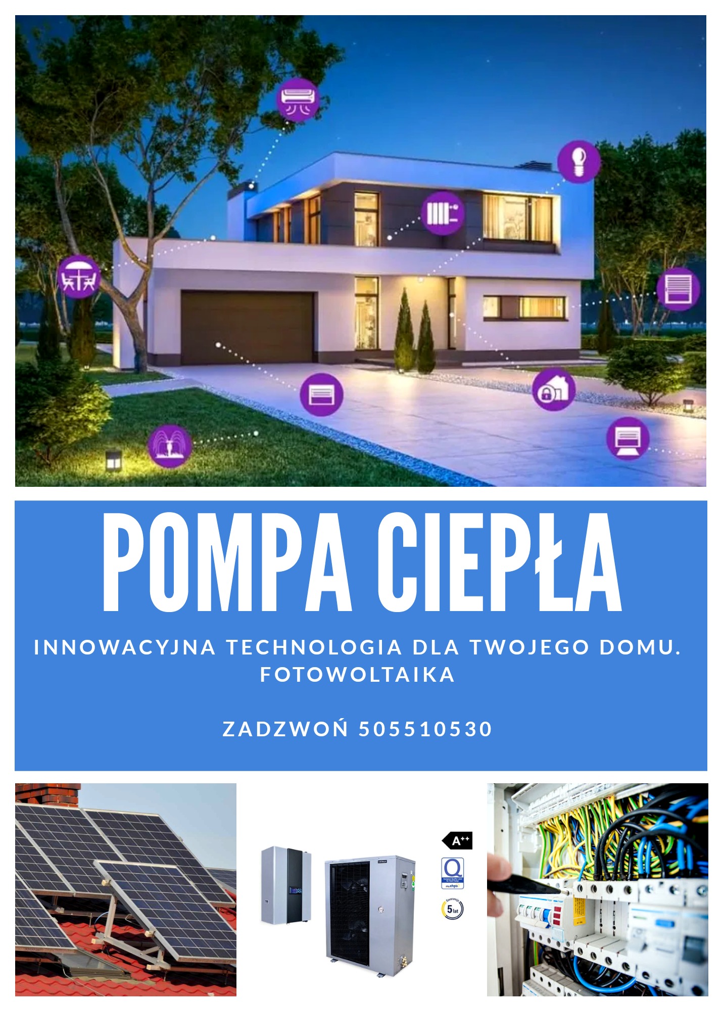 Grafika reklamowa prezentująca nowoczesny dom z ikonami ilustrującymi inteligentne systemy, panele słoneczne na dachu, pompę ciepła oraz instalację elektryczną w skrzynce rozdzielczej.