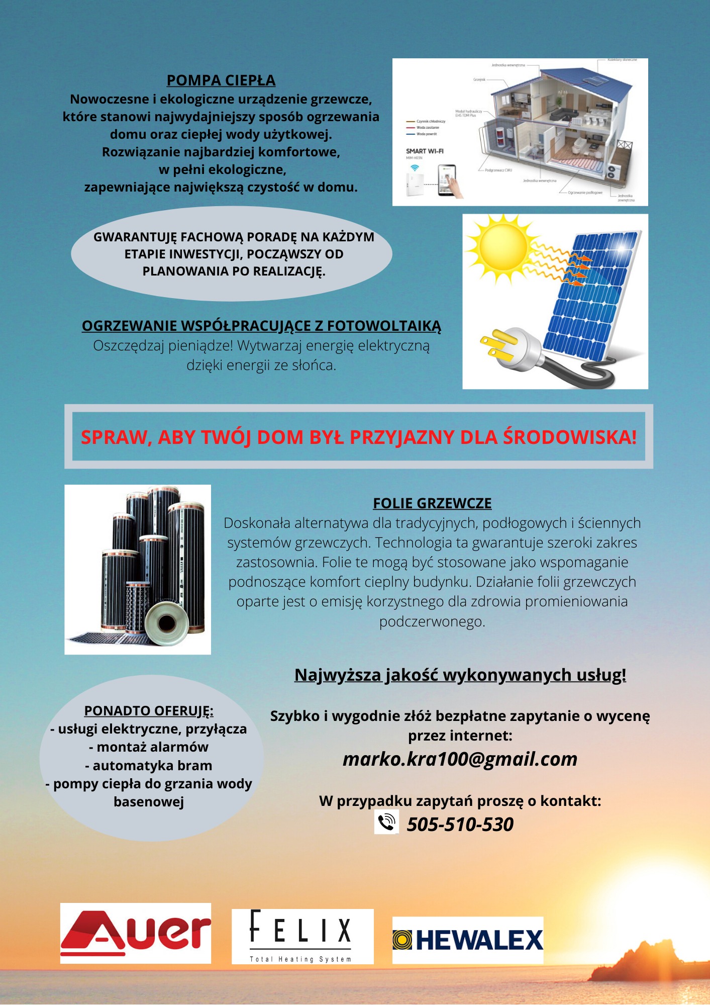 Ilustracja koncepcji ogrzewania domu: przekrój budynku z instalacją, panel słoneczny z wtyczką, folie grzewcze, logo firm Auer, Felix i Hewalex.