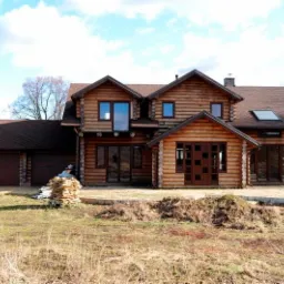 Dwukondygnacyjny dom z bali z brązowym dachem, garażem i stertą kamieni przed budynkiem, uchwycony w słoneczny dzień.