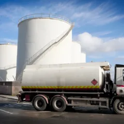 Cysterna samochodowa na tle białych zbiorników z zewnętrznymi schodami spiralnymi, błękitne niebo z chmurami w tle.