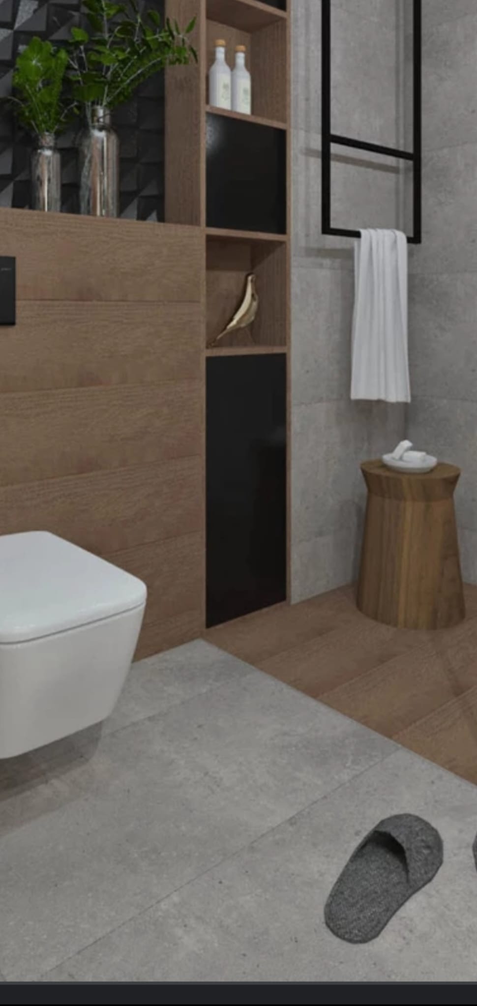 Nowoczesna łazienka z toaletą, drewnianymi panelami ściennymi, półkami z dekoracjami i szarą podłogą z płytek, uzupełniona o drewniany stołek i szlafrok na grzejniku.