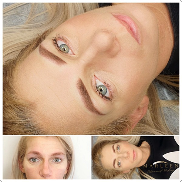 Zdjęcie przedstawia zbliżenie twarzy kobiety po zabiegu pigmentacji brwi, z widocznym efektem końcowym oraz porównanie przed i po zabiegu. W prawym dolnym rogu widoczne logo Marleen Permanent Makeup.