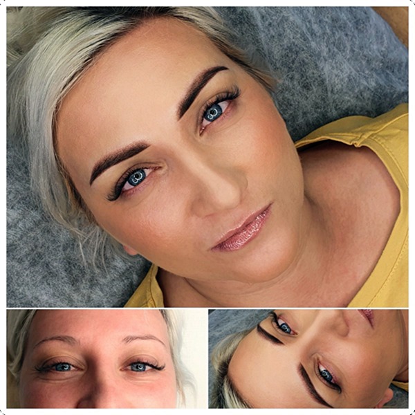 Kobieta z blond włosami i świeżo wykonanym makijażem permanentnym brwi, widoczne również sztuczne rzęsy i błyszczące usta, na dole kolaż przedstawiający brwi przed i po zabiegu.