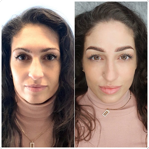 Kobieta przed i po zabiegu mikropigmentacji brwi, widoczne subtelne zmiany w kształcie i kolorze brwi, zbliżenie na twarz, porównanie efektu.