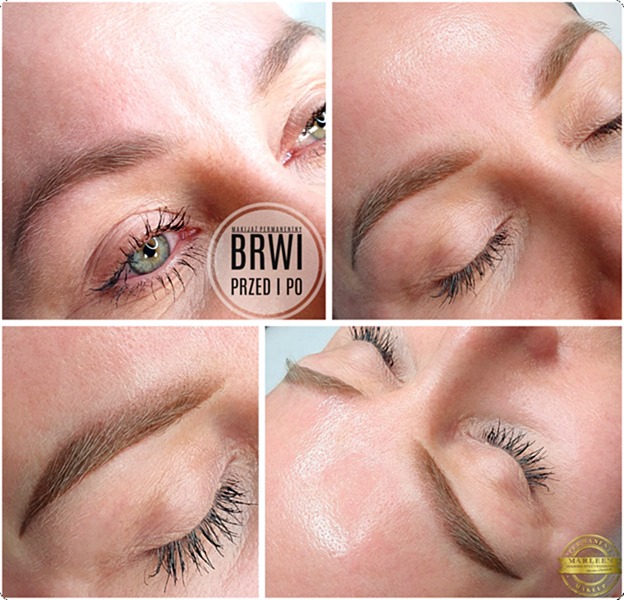 Zbliżenie na brwi przed i po zabiegu pigmentacji permanentnej, widoczne różnice w kształcie i kolorze, z logo firmy w rogu.