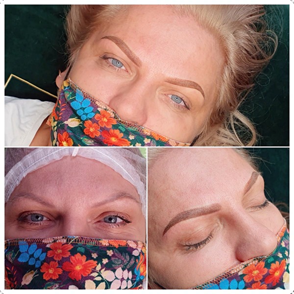 Zbliżenie na twarz kobiety z widocznymi brwiami po zabiegu pigmentacji permanentnej, w masce ochronnej z motywem kwiatowym, ujęcie z góry w formie kolażu.