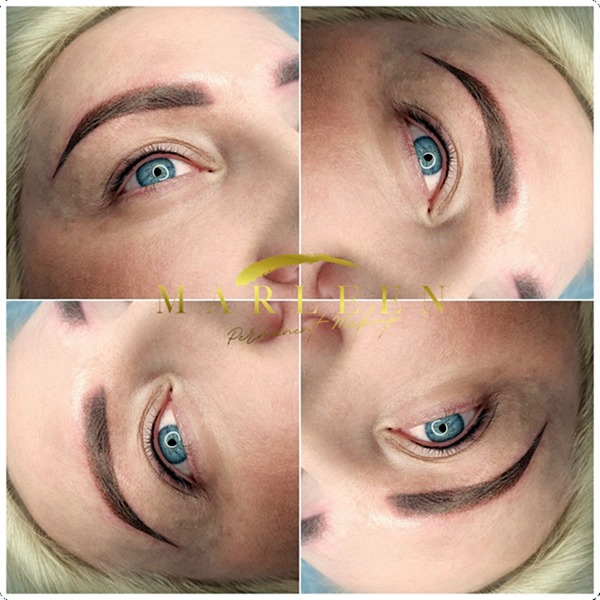 Cztery ujęcia twarzy kobiety z makijażem permanentnym brwi w odcieniach brązu, widoczne niebieskie oczy, logo firmy na środku.