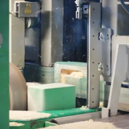 Obróbka drewna na maszynie CNC: zielone, kwadratowe elementy z drewna poddawane frezowaniu, wióry w powietrzu, widoczny fragment tarczy tnącej.