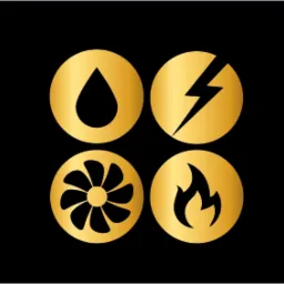 Złote ikony instalacji: woda, prąd, wentylacja i ogień na czarnym tle. Firma z Krosna.