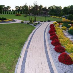 ZARBUD Arkadiusz Zaręba - Kremowa ścieżka z kostki brukowej z szarymi pasami, otoczona czerwonymi i żółtymi krzewami, prowadząca przez zadbany ogród z trawnikiem i drzewami.