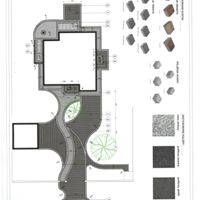 Schemat zagospodarowania terenu z kostki brukowej wokół budynku, widok z góry, z zaznaczonymi wymiarami i różnymi rodzajami kostki brukowej.