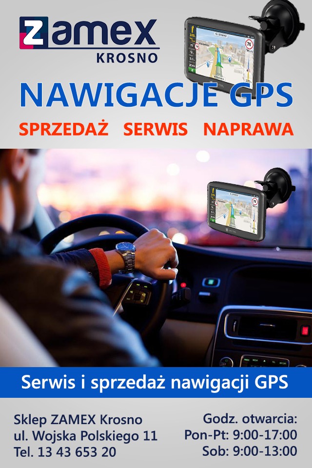 Reklama firmy Zamex Krosno oferującej sprzedaż, serwis i naprawę nawigacji GPS. Na pierwszym planie nawigacja GPS zamontowana w samochodzie, widoczna ręka kierowcy na kierownicy z eleganckim...