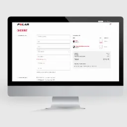 Ekran komputera stacjonarnego wyświetlający stronę internetową koszyka zakupowego marki Polar, z widocznymi polami do wprowadzania danych osobowych i adresowych oraz podsumowaniem zamówienia.