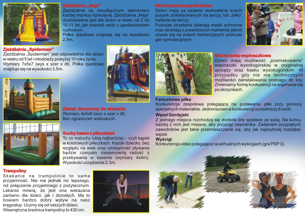 Kolaż zdjęć przedstawiający różne atrakcje rozrywkowe: dmuchane zamki, zjeżdżalnie, suchy basen z piłeczkami, trampolinę, mini ściankę wspinaczkową, strzelnicę paintballową oraz gry zespołowe.