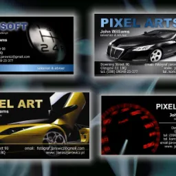 Kompozycja czterech wizytówek z różnymi motywami graficznymi: dźwignia zmiany biegów, czarny luksusowy samochód, żółty sportowy samochód z otwartymi drzwiami i podświetlony prędkościomierz.