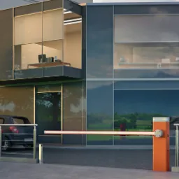 Szlaban automatyczny w pozycji otwartej przed nowoczesnym budynkiem biurowym z zaparkowanymi samochodami.