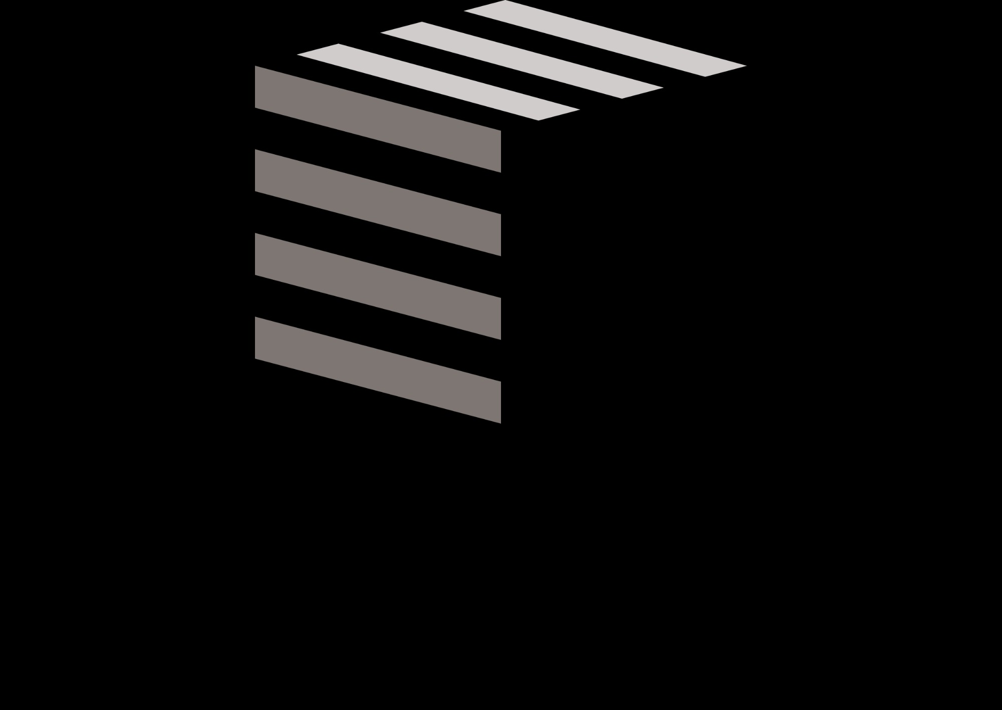 Abstrakcyjna grafika 3D przedstawiająca narożnik z naprzemiennymi pasami w odcieniach szarości i czerni na czarnym tle.