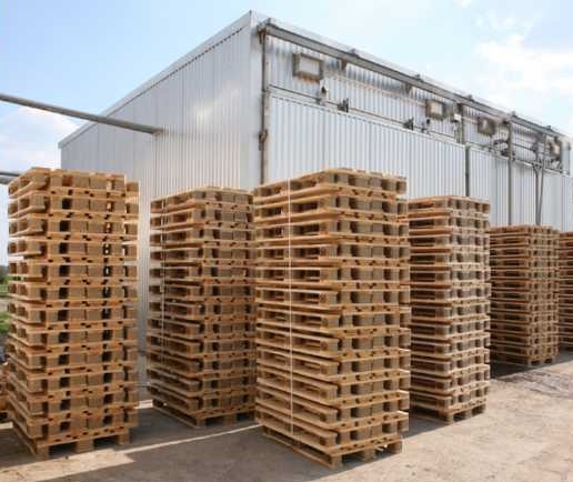 Stosy drewnianych palet euro ułożone przed magazynem z blachy falistej w słoneczny dzień.