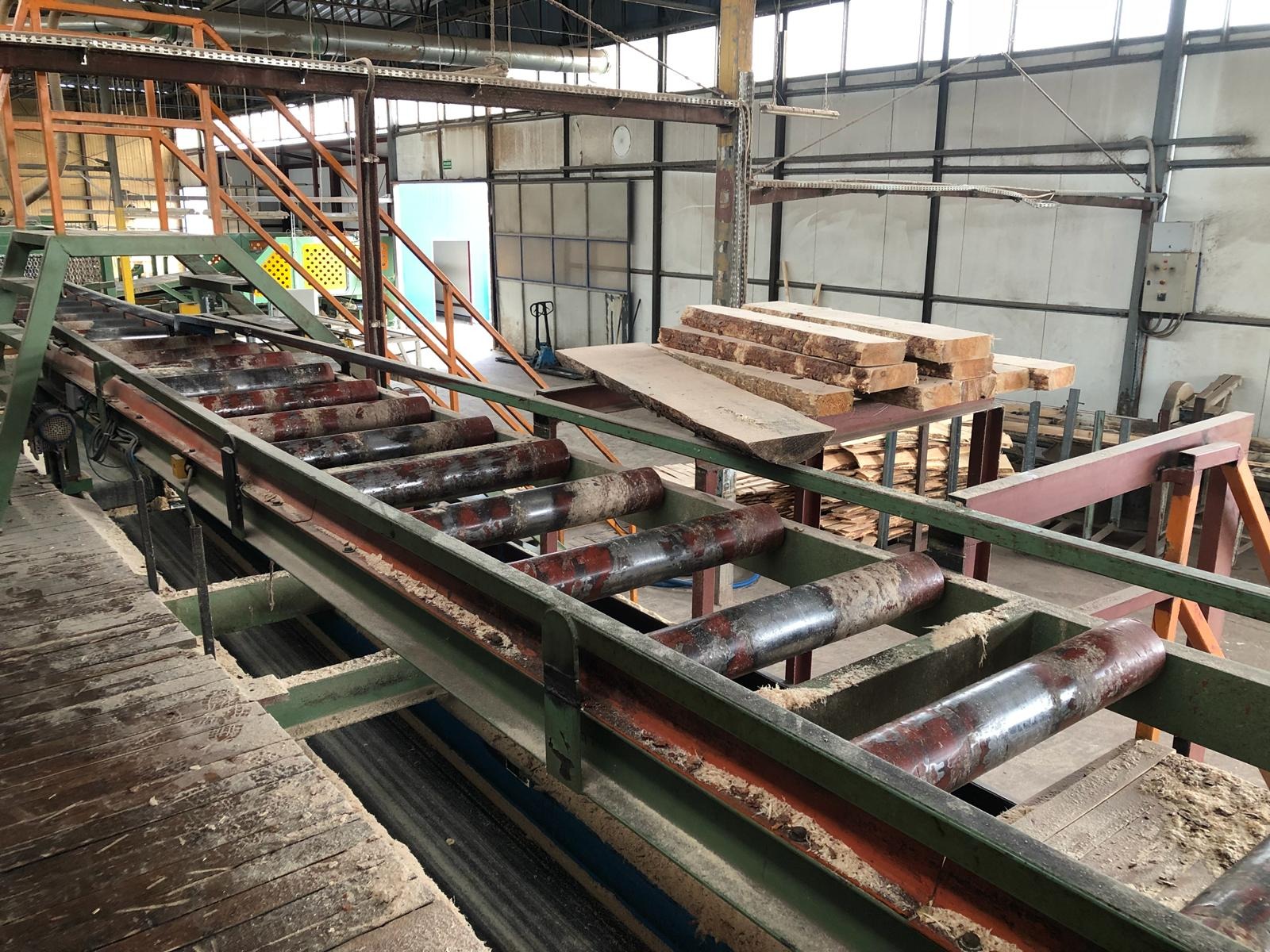 Wnętrze hali tartaku z transportem rolkowym i ułożonymi deskami, widoczne elementy konstrukcyjne budynku i oświetlenie.