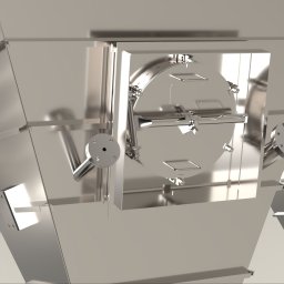 ProjektCad24h - Szczegółowe ujęcie fragmentu konstrukcji stalowej z okrągłym włazem inspekcyjnym, z widocznymi elementami mocującymi i spawami, w srebrnym kolorze.