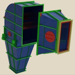 ProjektCad24h - Wizualizacja 3D niebieskiej konstrukcji stalowej z zielonymi wzmocnieniami i czerwonymi elementami, przedstawiająca proces projektowania.