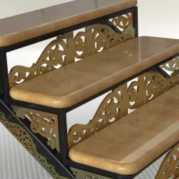 Wizualizacja schodów stalowych z drewnianymi stopniami i ozdobnymi, ażurowymi elementami balustrady w kolorze złotym.