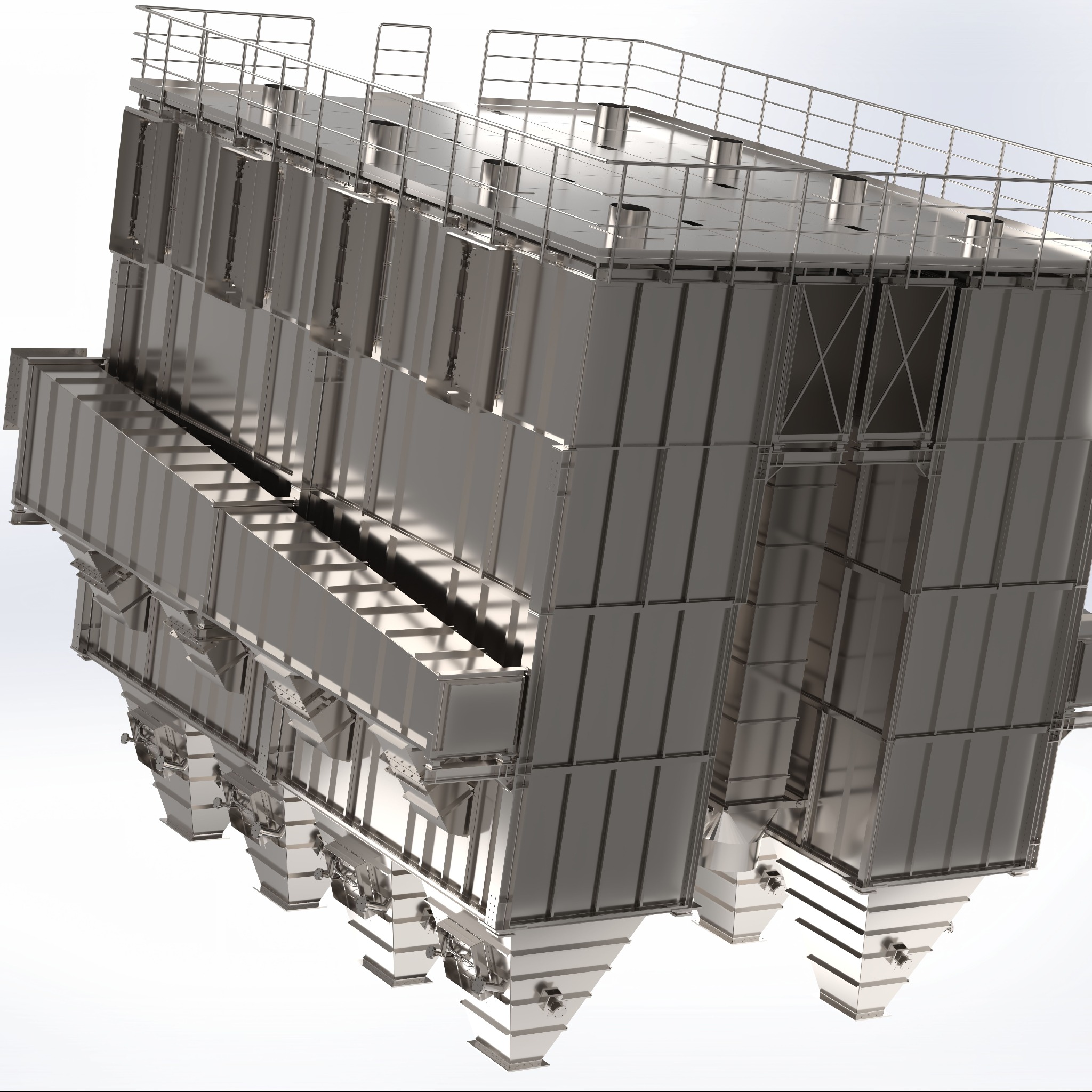 Wizualizacja 3D wielkogabarytowej konstrukcji stalowej z platformami i barierkami, widok z dołu pod kątem.