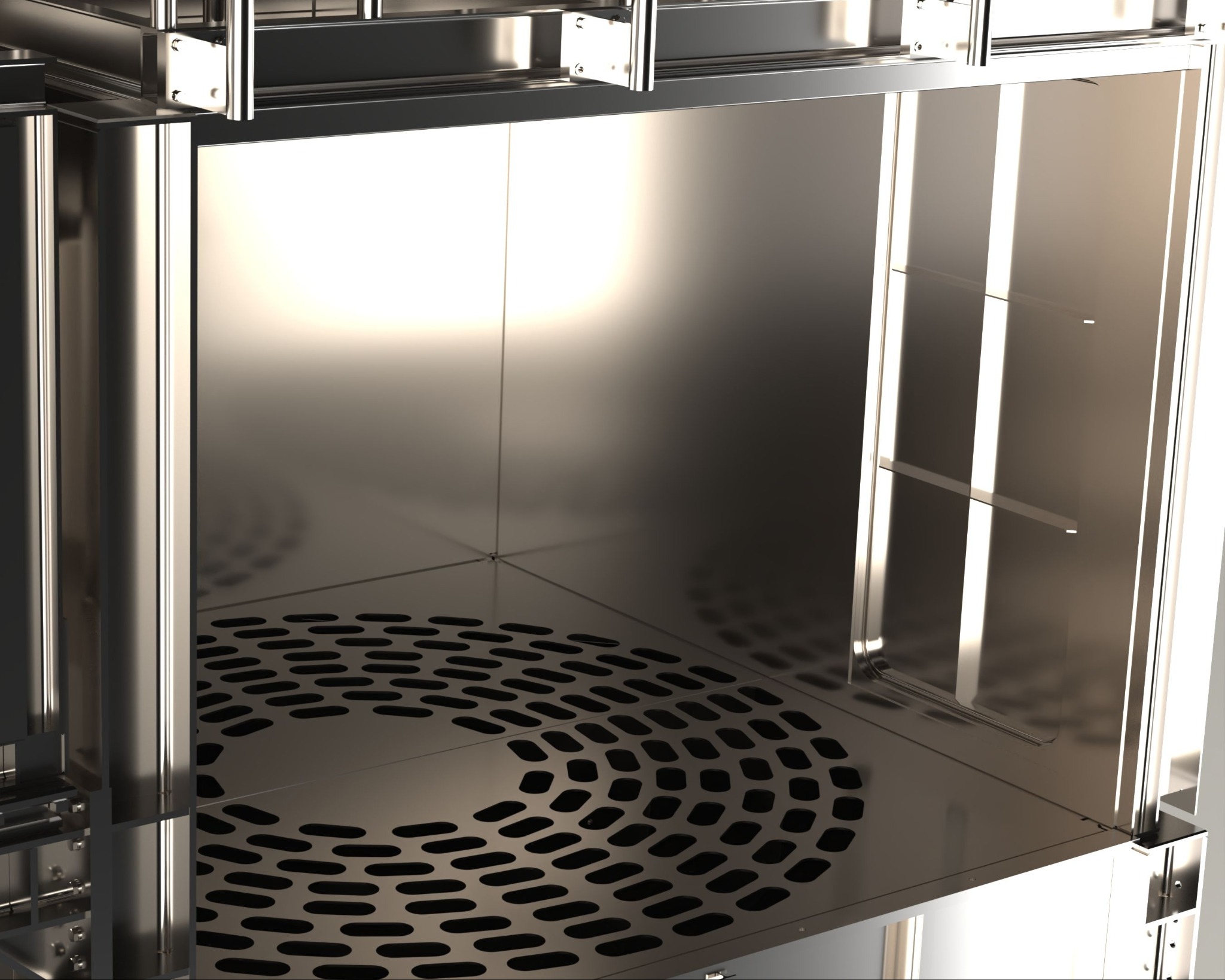 Wnętrze szafy ze stali nierdzewnej z perforowanym dnem, podświetlone od góry, widoczne elementy konstrukcyjne.
