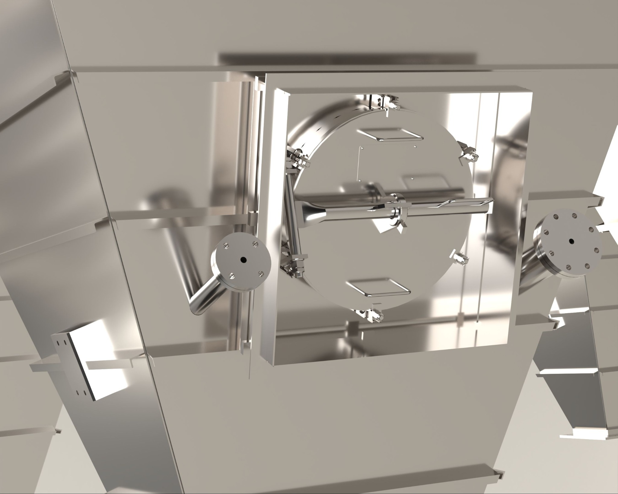 Szczegółowe ujęcie fragmentu konstrukcji stalowej z okrągłym włazem inspekcyjnym, z widocznymi elementami mocującymi i spawami, w srebrnym kolorze.