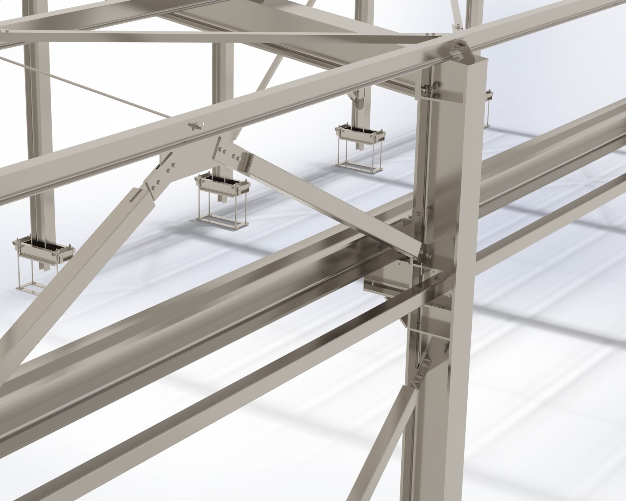 Wizualizacja 3D stalowej konstrukcji szkieletowej budynku, z widocznymi połączeniami śrubowymi i elementami wsporczymi, na jasnym tle.