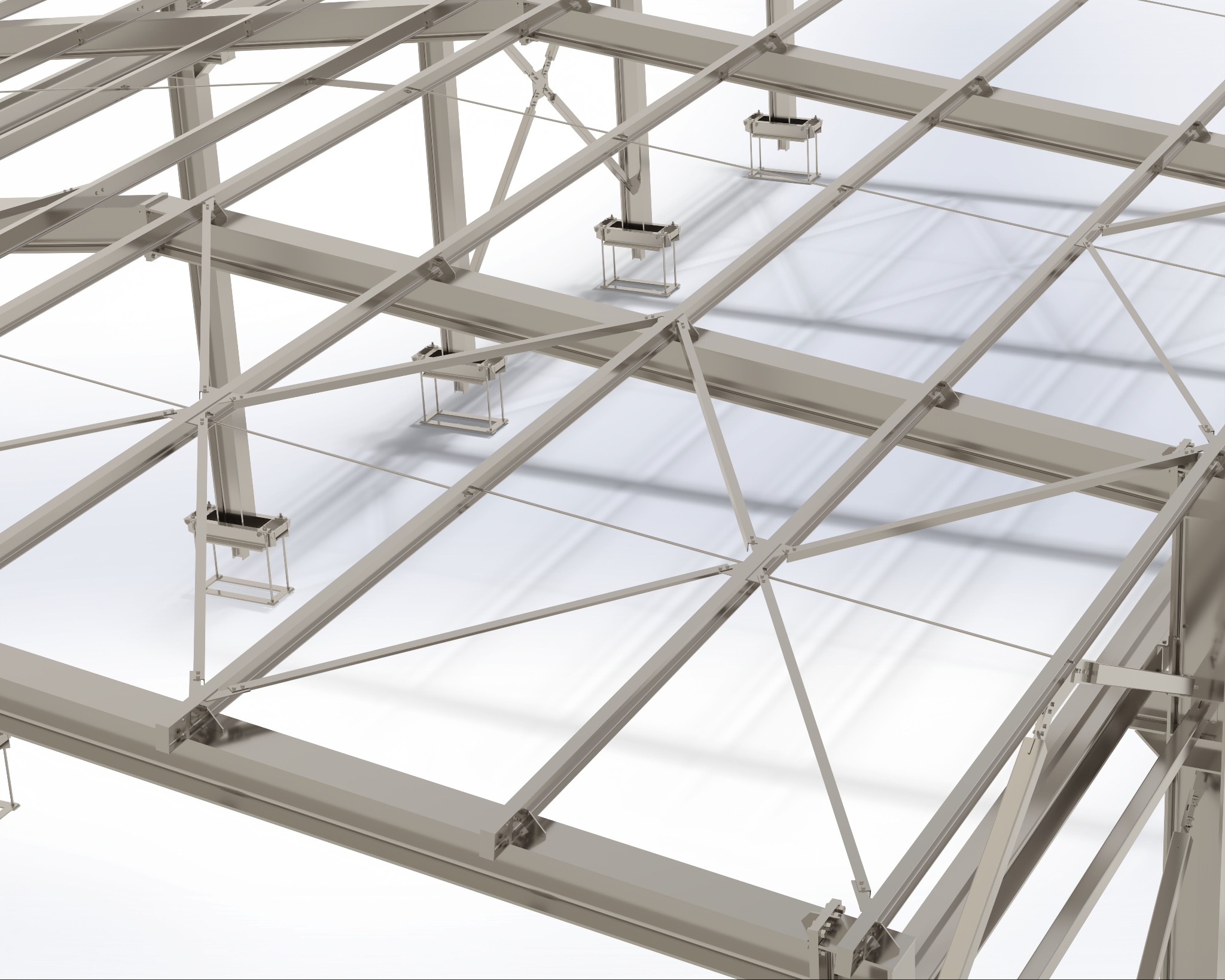 Wizualizacja 3D stalowej konstrukcji dachu z widocznymi elementami mocującymi i podwieszanymi elementami, na jasnym tle.