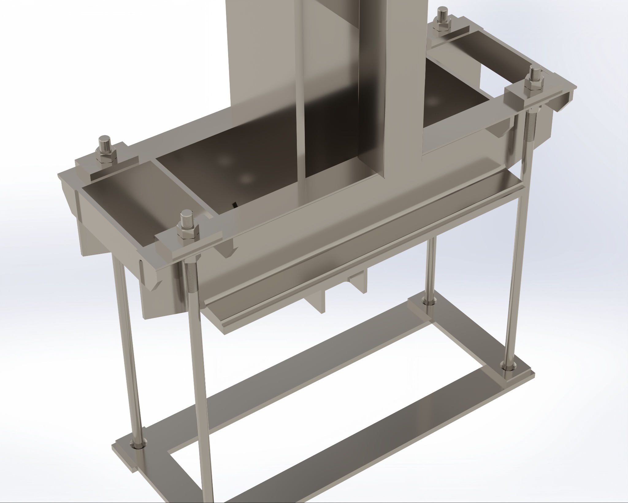 Wizualizacja 3D stalowej konstrukcji wsporczej z elementami mocującymi na śruby, prezentowana na białym tle.