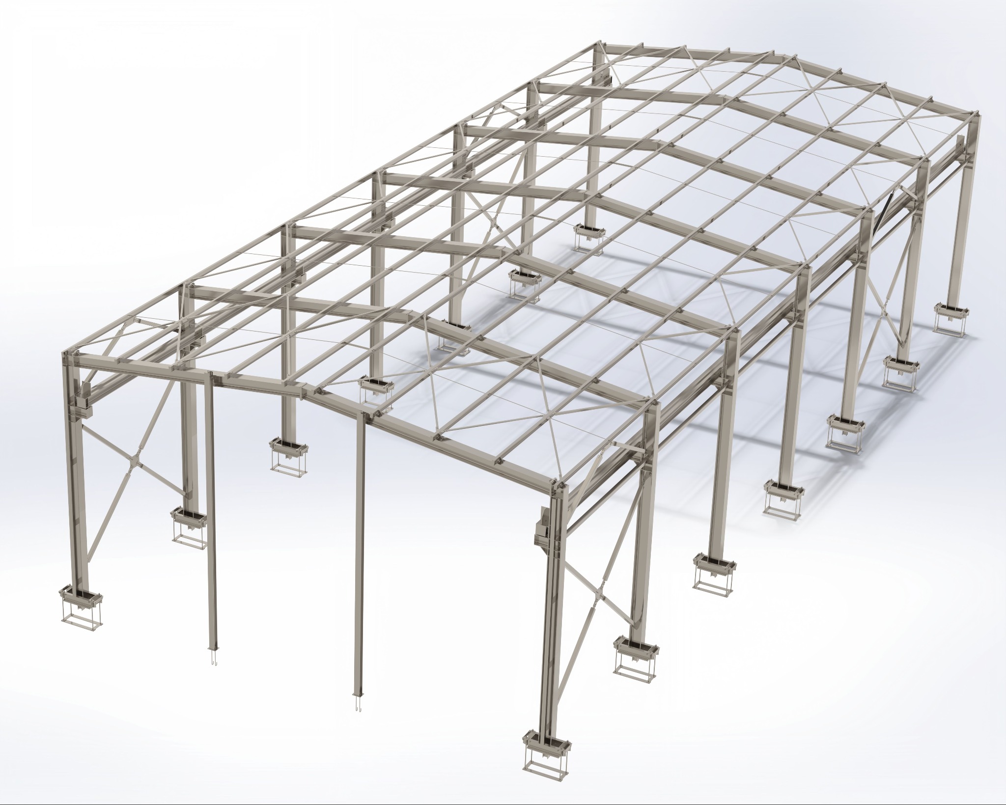 Wizualizacja 3D szkieletu hali stalowej z widocznymi słupami, kratownicami dachowymi i elementami mocującymi na białym tle.